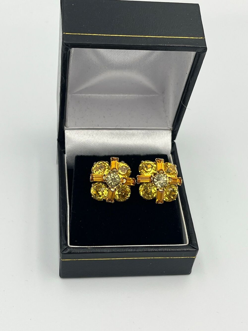 Vintage Signed Sherman Jonquil & Topaz Rhinestone Screw-Back Earrings